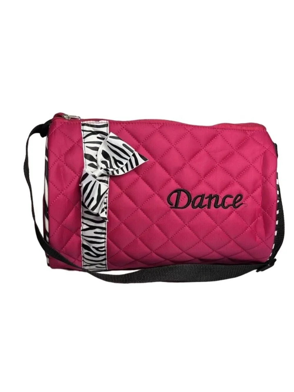 Dance Duffle Bag Girls Quilted Pink Black Zebra Pattern Ribbon